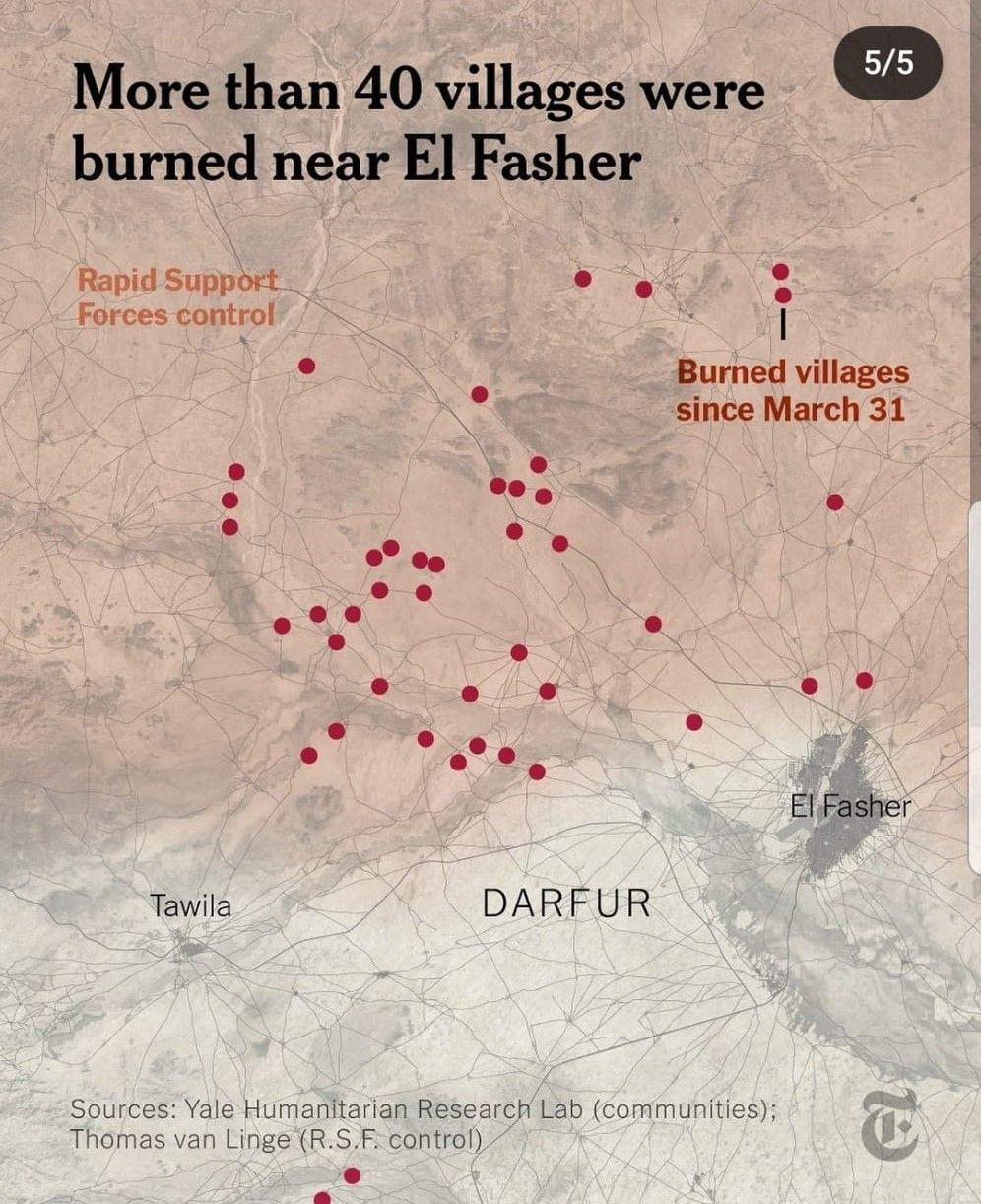 Villages incendiés au Darfour Nord par les RSF. Source : New York Times.
