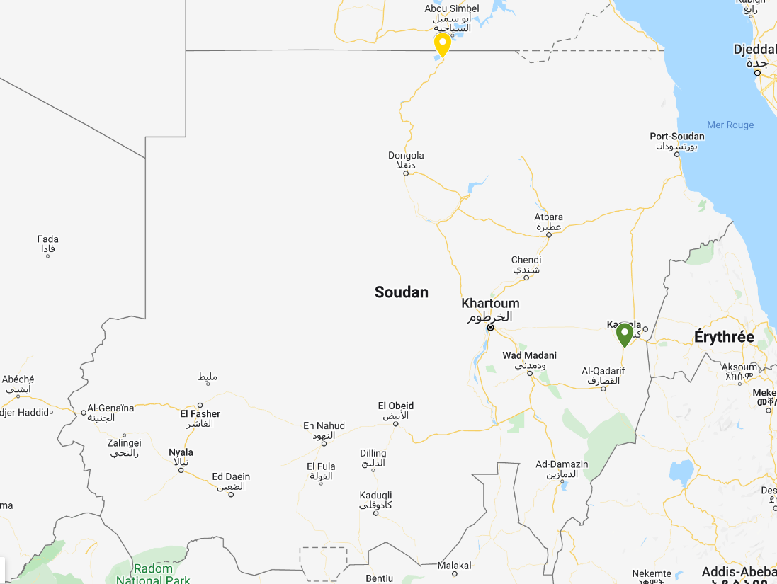 Carte de localisation : Wadi Halfa (en jaune) et Khashm Al-Girba (en vert), où les habitant-e-s ont été déplacé-e-s de force 
