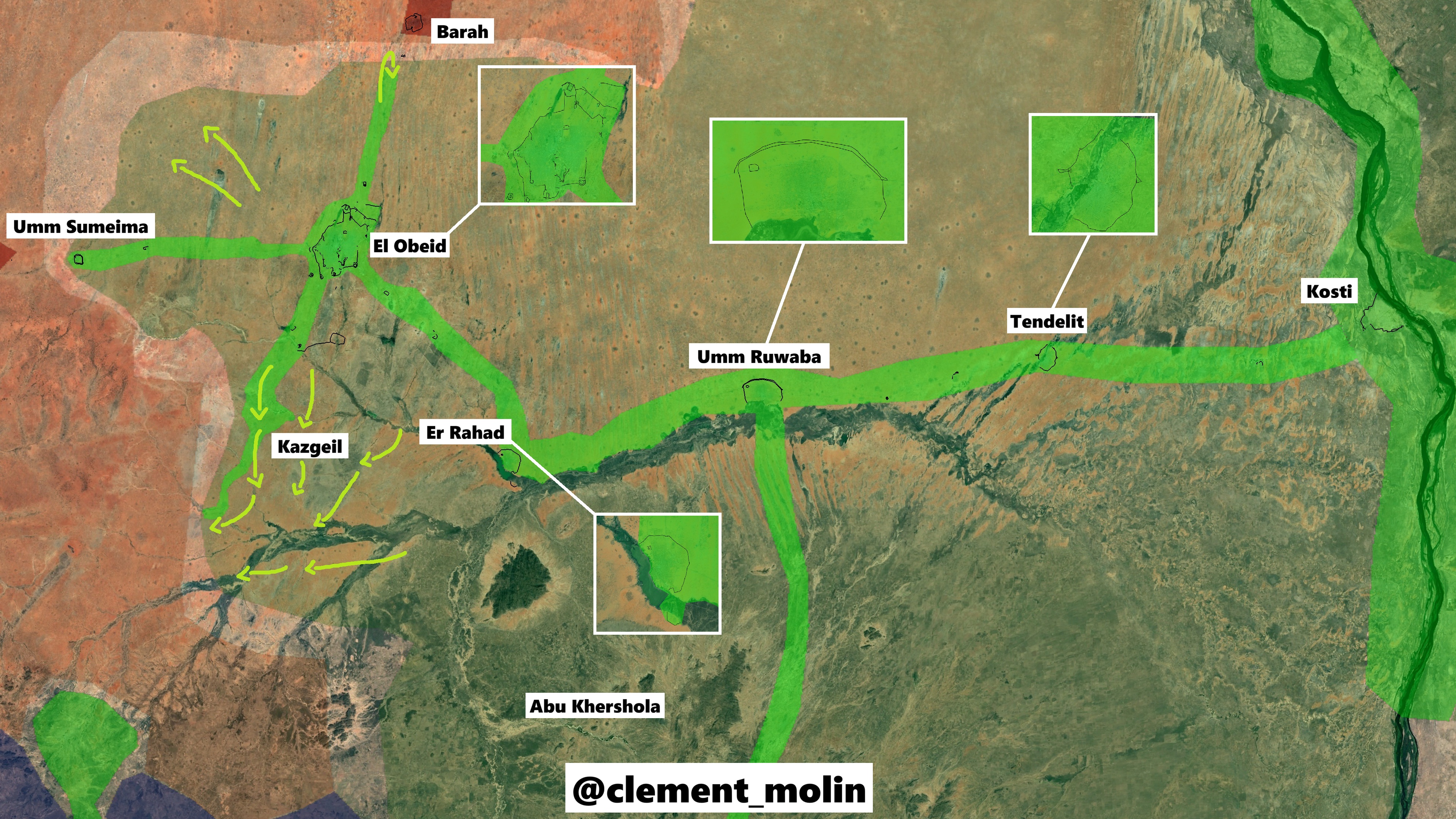 Carte de la route reliant Kosti à El-Obeid et des points de fortification situés à proximité.
