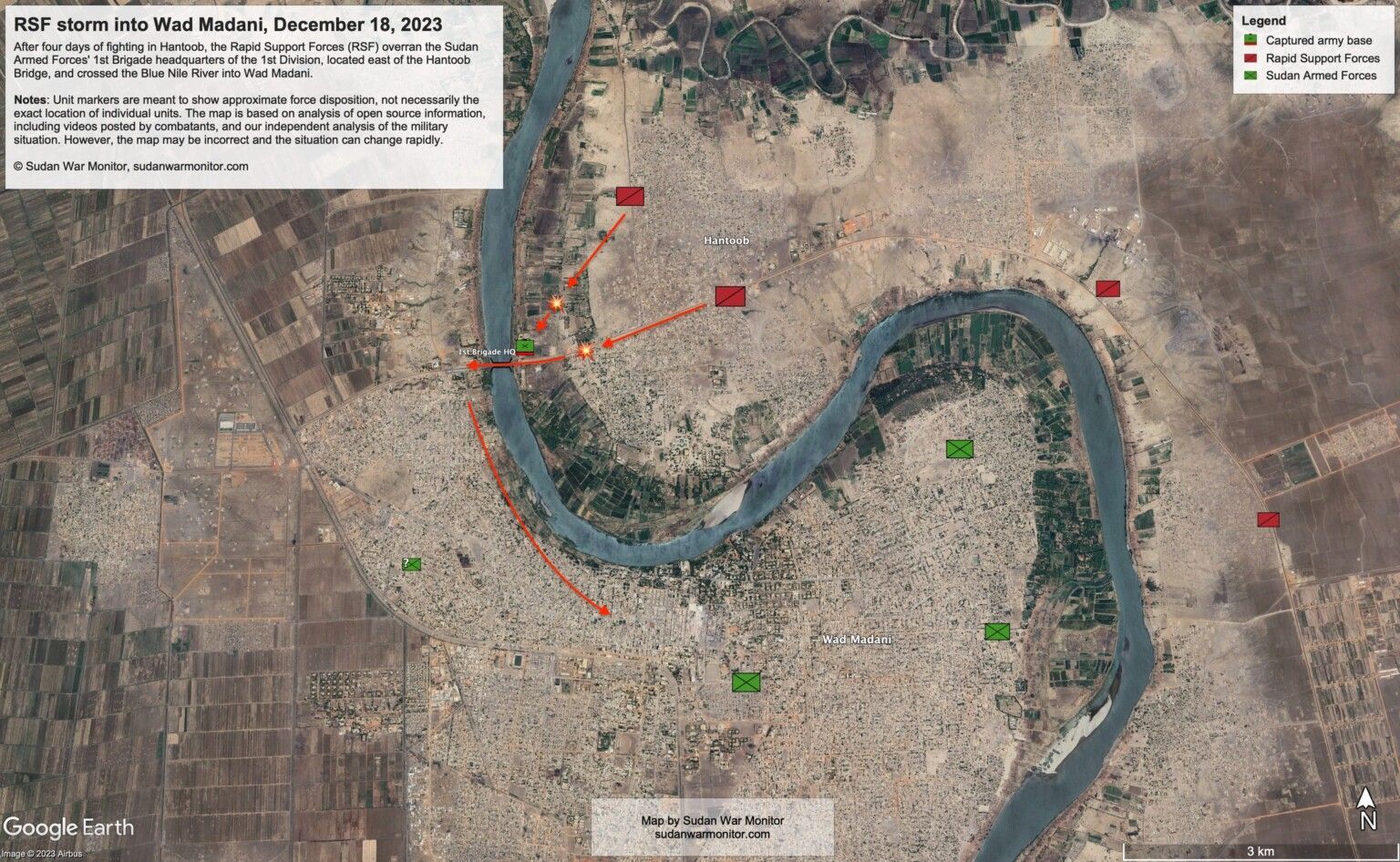 Progression des RSF dans la ville de Wad Madani (source : Sudan War Monitor)