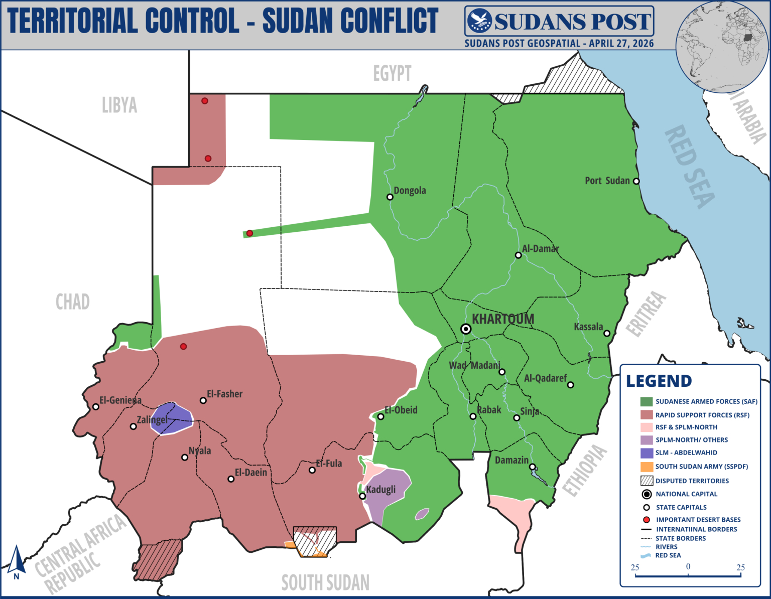 Carte du contrôle territorial du Soudan au 27 avril 2026. 